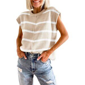 Womens Cap Sleeve Tank Tops Striped Crew Neck Casual Loose Fit Spring